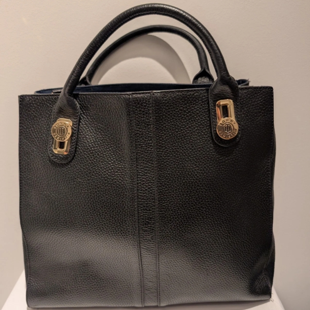 Tommy Hilfiger Black and Gold Leather Pebbled Satchel Handbag (THR-70339)